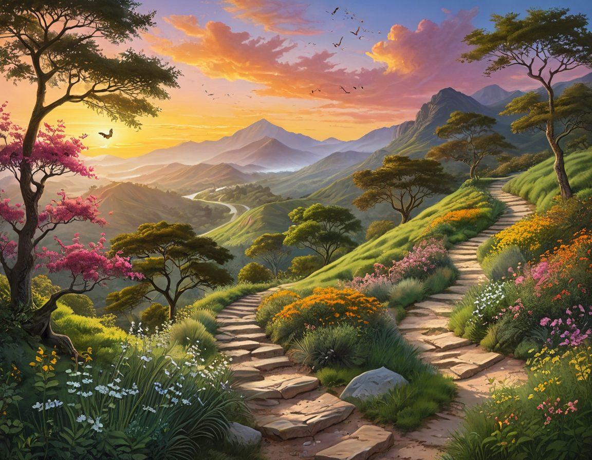 A winding, lush green path through a serene landscape, with individuals of diverse ages and backgrounds engaging in various activities that symbolize inspiration and motivation, like climbing mountains, painting, and meditating. The sky is painted with warm sunrise colors, casting a hopeful glow over the journey. Include subtle symbols of dreams like butterflies and stars emerging from the ground. super-realistic. vibrant colors. peaceful atmosphere.