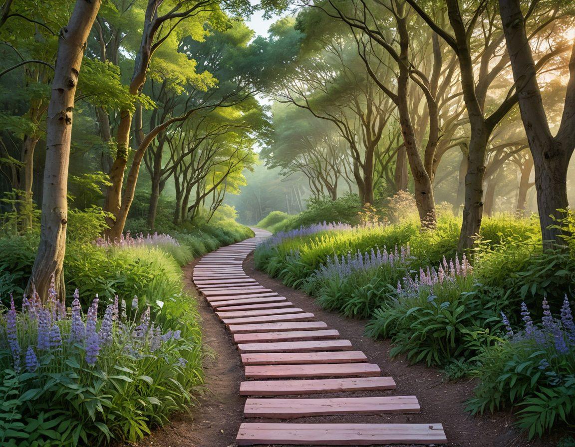 A serene landscape depicting a winding path leading through a lush forest, with signs along the way representing different aspects of personal growth such as 'Mindfulness', 'Resilience', and 'Awareness'. The sky is painted in soft hues of dawn, symbolizing new beginnings and self-improvement. Include a figure happily walking the path, embodying the journey of wellness. super-realistic. vibrant colors. peaceful atmosphere.