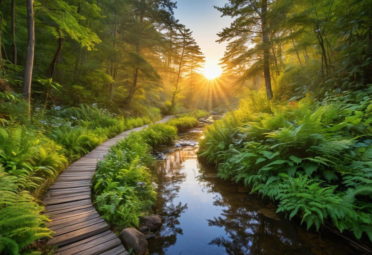 A serene landscape featuring a winding path through a lush green forest, symbolizing a journey. Alongside the path, vibrant flora and fauna represent personal growth and wellness. A bright sunrise in the background signifies new beginnings and hope. Include a silhouette of a person meditating near a tranquil stream. super-realistic. vibrant colors. peaceful atmosphere.